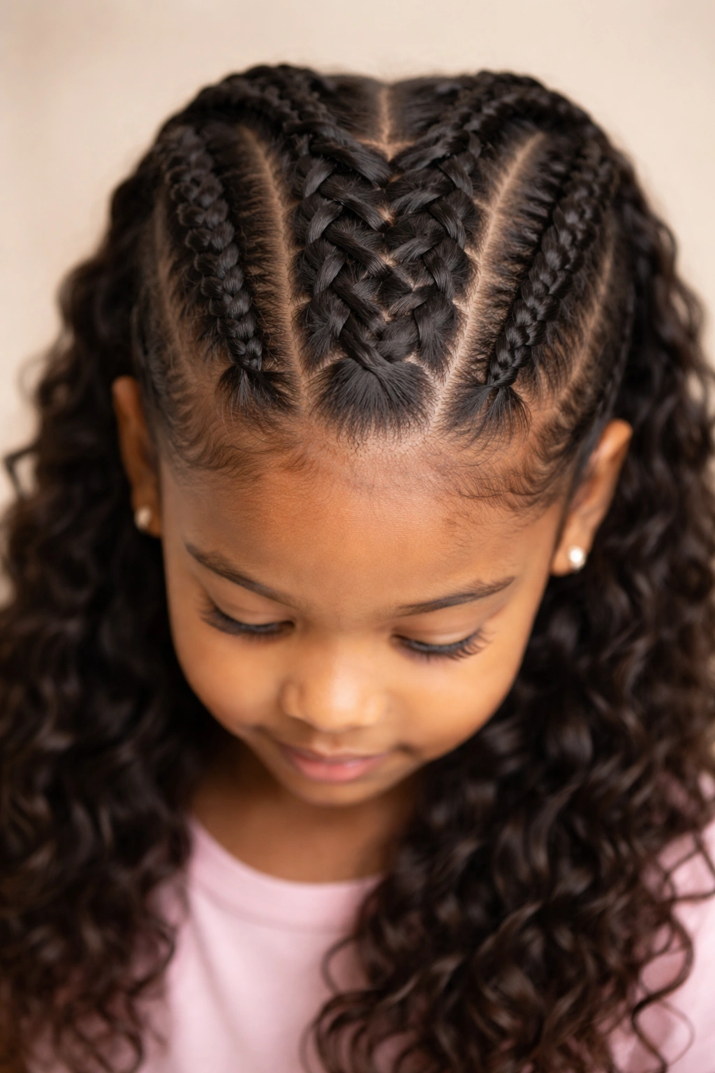 Close-up of two thick cornrows with a woven loose middle section.