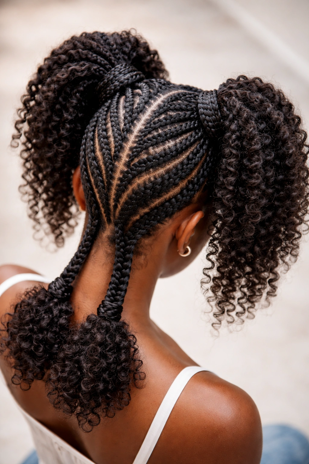 Cornrows styled into loops and ponytails on thick 4C hair