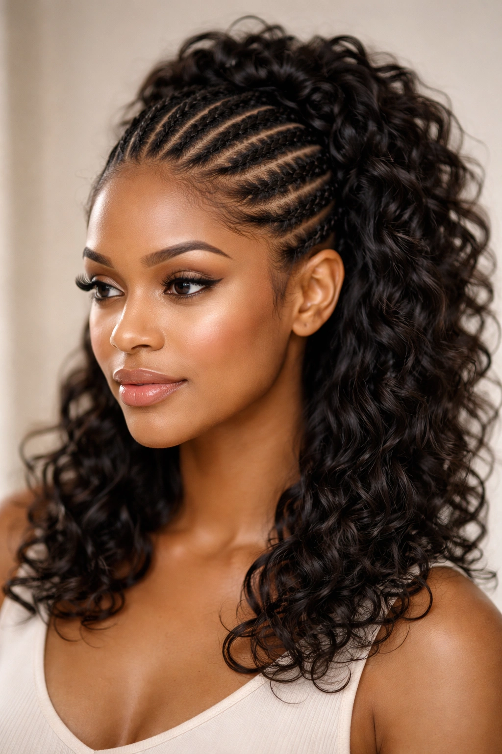 Cornrows transitioning into loose crown curls