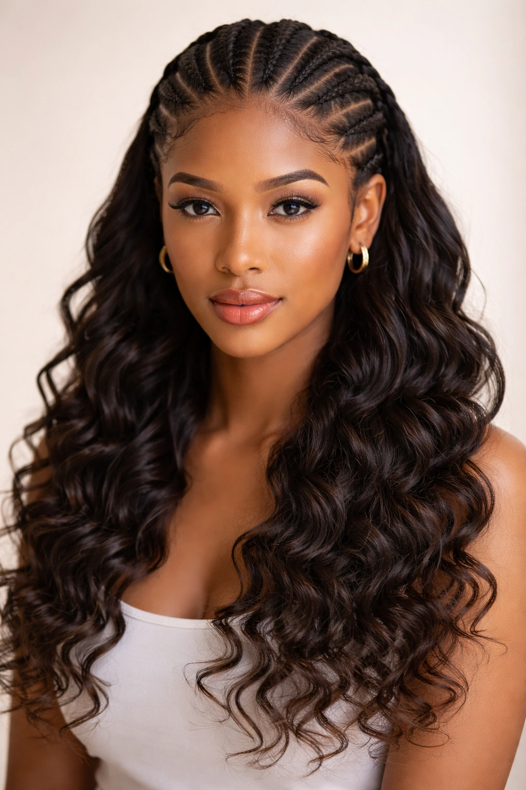 Feed-in cornrows transitioning to loose curls at the ends