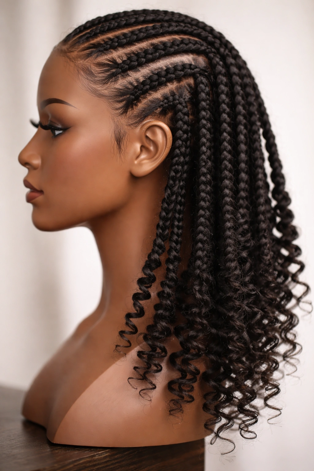 Cornrows ending with loose, defined coils at the tips on a mannequin head.