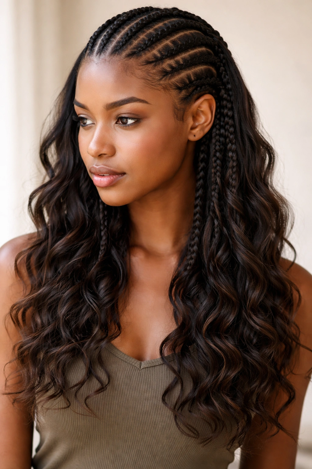 Half-length cornrows transitioning to loose waves at the ends