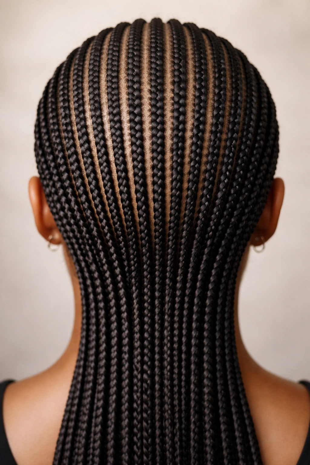 Tightly spaced straight-back cornrows with minimal gaps showing crisp lines