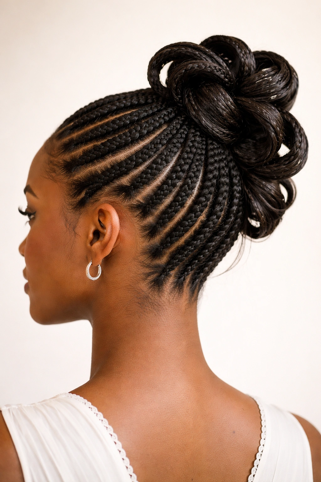 High ponytail formed from cornrows with loops pinned at different heights for a sculptural look