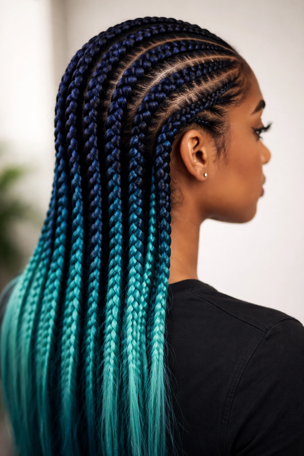 Close-up of midnight blue to teal feed-in cornrows showing color gradient and braiding texture