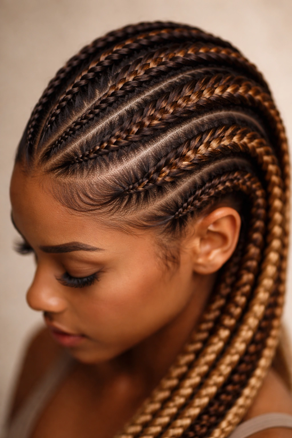 Close-up of chocolate-to-caramel swirl feed-in cornrows highlighting seamless ombre braids and texture