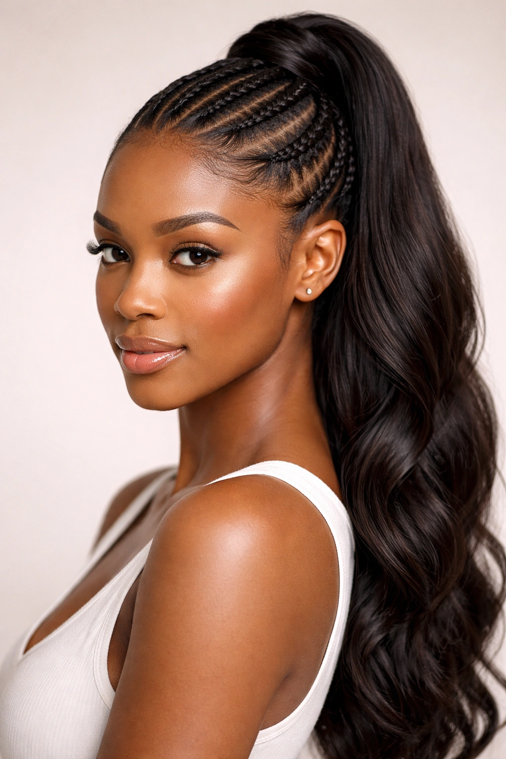 Close-up of a classic high cornrow ponytail with braids converging at the crown