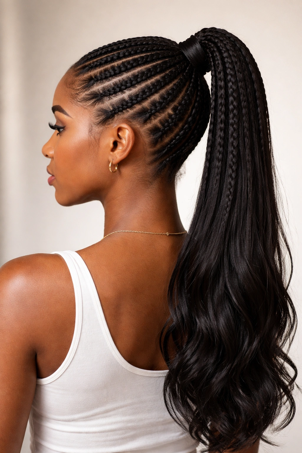 Close-up of classic high cornrow ponytail with straight-back cornrows and high crown ponytail