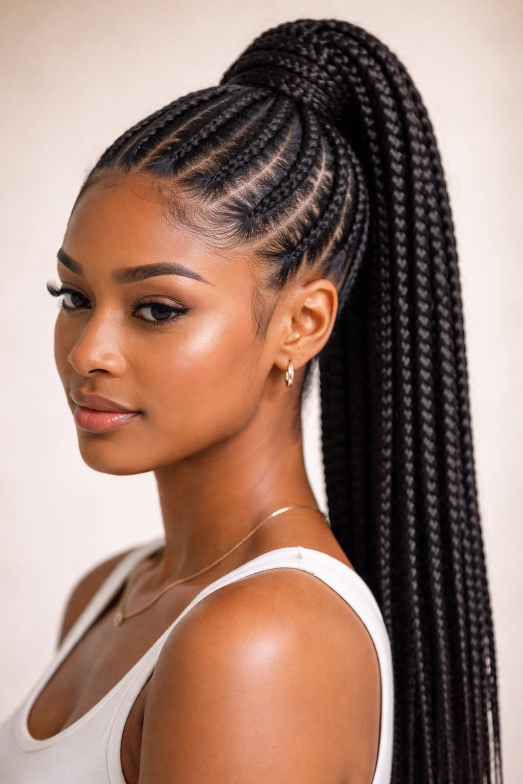 Close-up of Classic High Cornrow Ponytail showing neat cornrows feeding into a high ponytail on natural hair