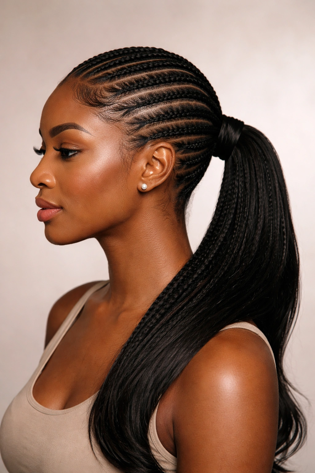 Full head of sleek cornrows gathered into a low side ponytail, smooth scalp and neat braid pattern