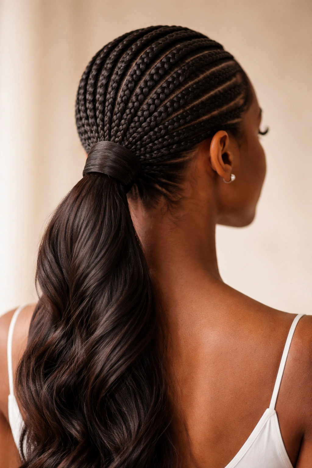 Back view of a low cornrow ponytail with a wrapped base, polished and neat