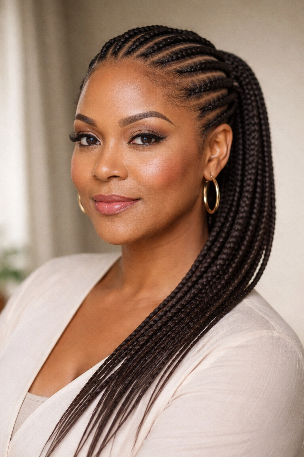 Close-up portrait of a mature woman with a round face and cornrows, showcasing a sophisticated protective hairstyle.