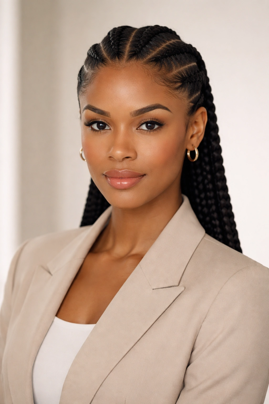 Two-strand cornrows run straight back from the hairline to the nape for a polished professional look
