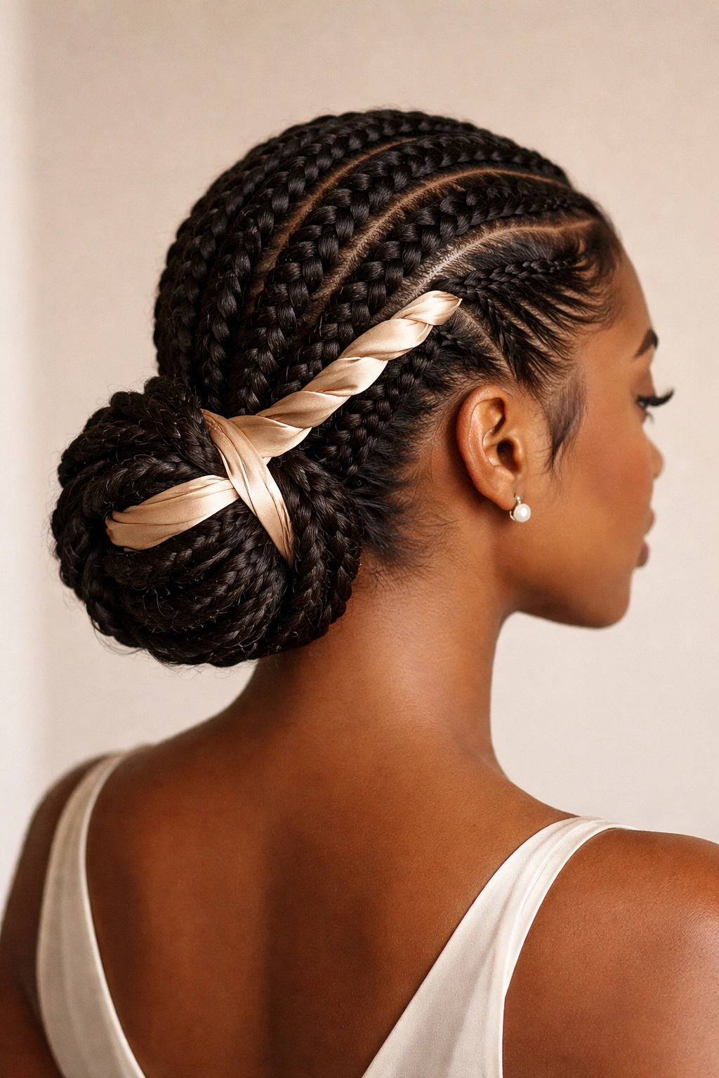 Close-up of thick cornrows with a ribbon woven through into a low bun at the nape