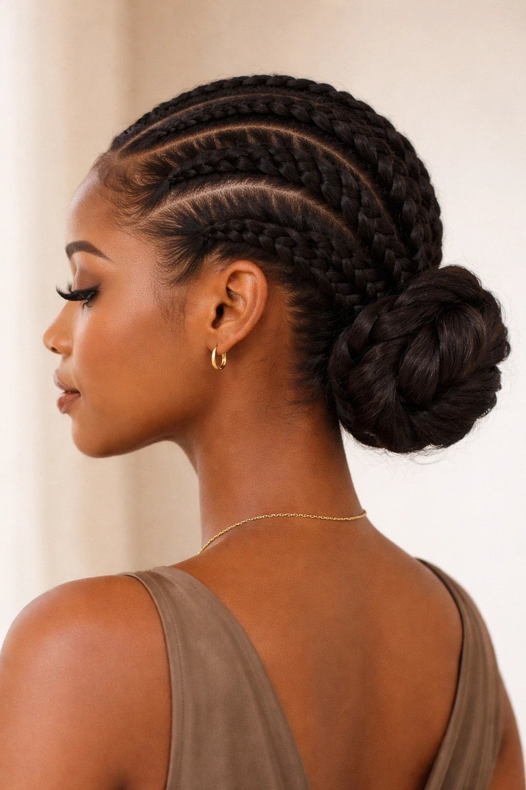 Two thick cornrows braided from behind each ear join at the back and twist into a rope then coil into a side bun