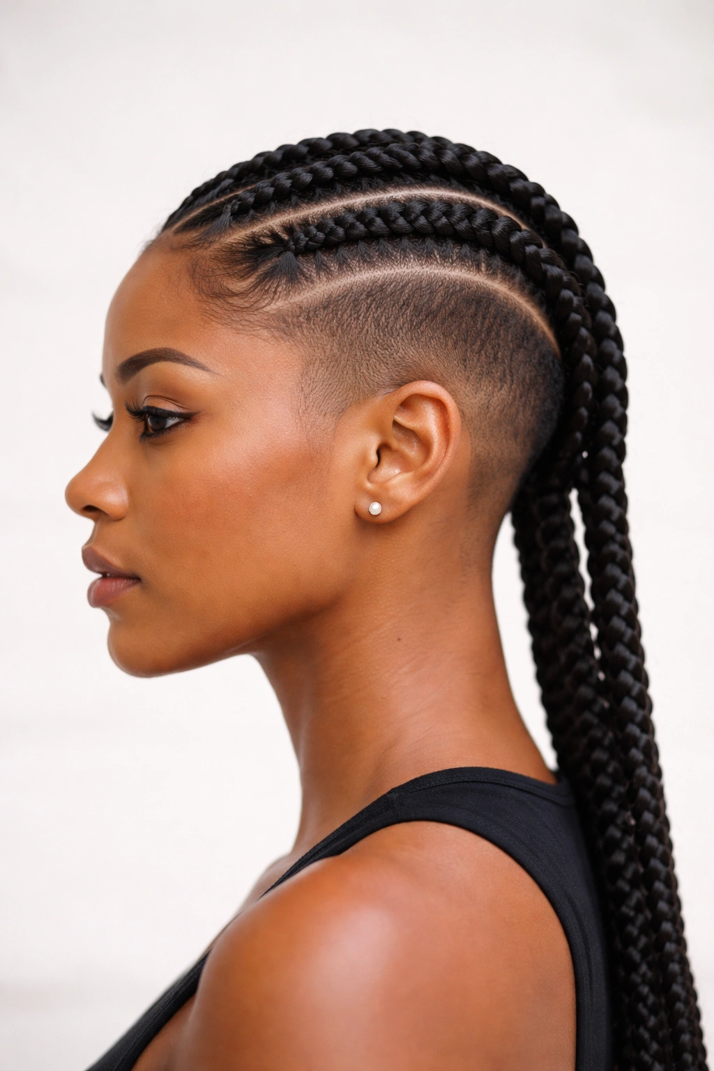 Three cornrows on top with shaved sides in high-contrast undercut