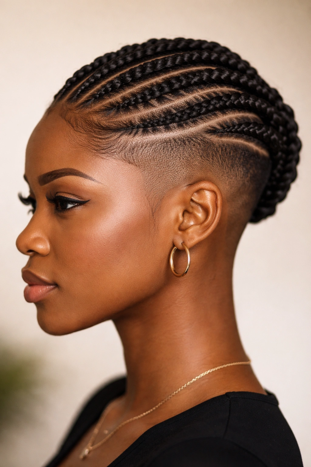 Profile view of cornrows on top with shaved sides