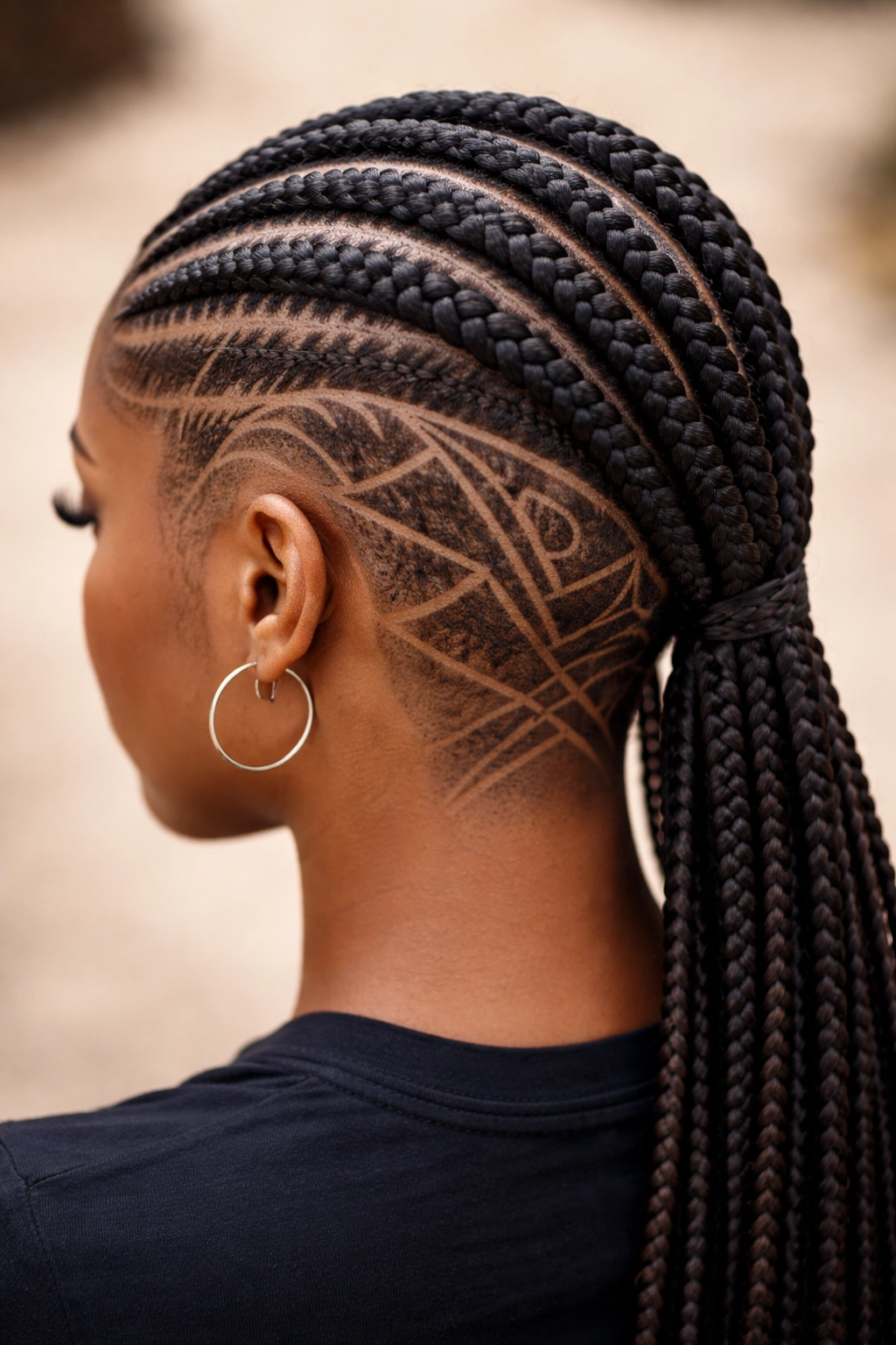 Top-down view of cornrows with shaved geometric designs on the scalp