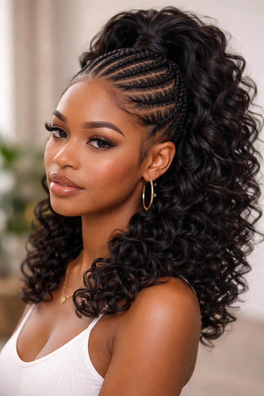 Close-up of cornrow-wrapped half-up hairstyle with curly weave explosion