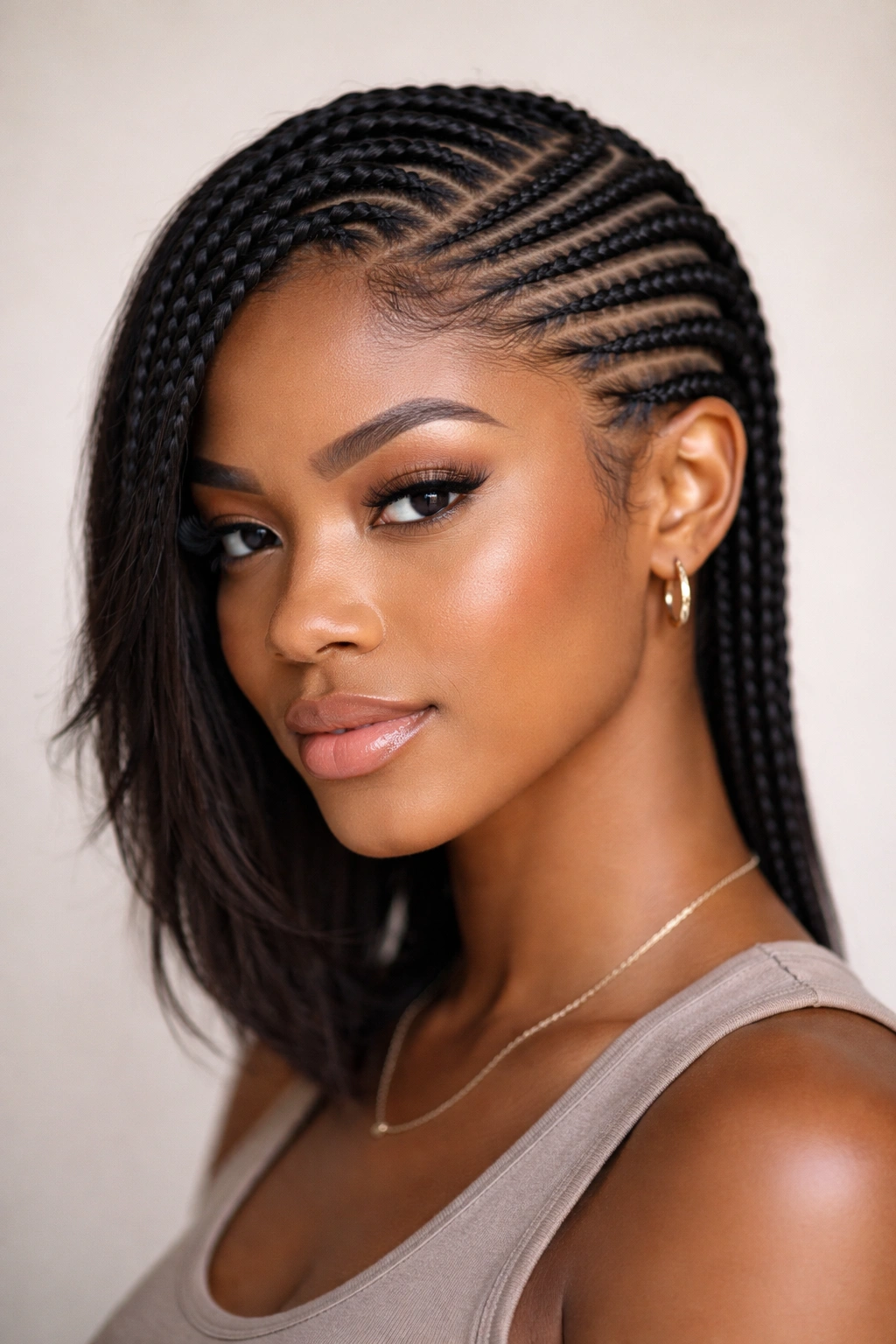 Close-up of sleek side-swept feed-in cornrows on short hair