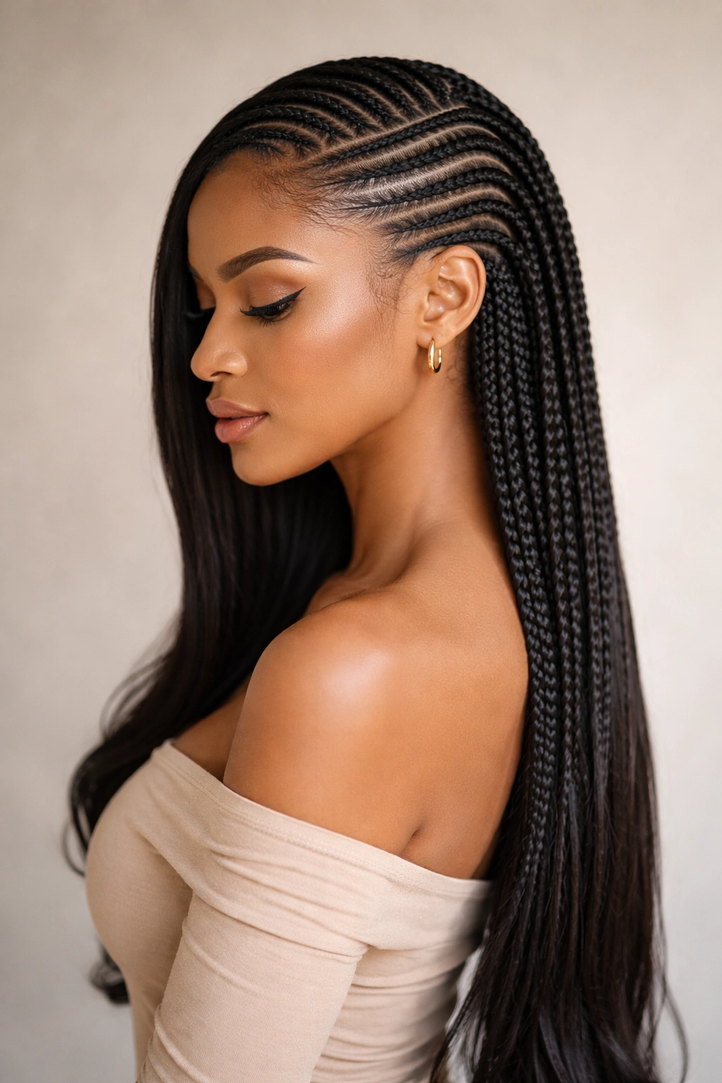 Close-up side profile of a sleek side-sweep cornrow hairstyle with a single curved line across the head