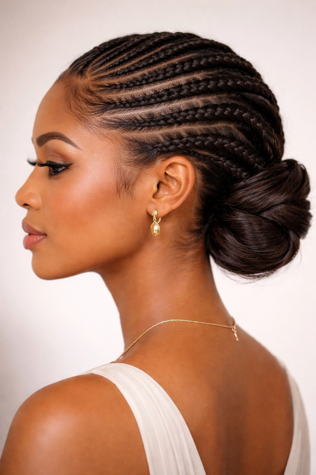 Side profile of diagonal cornrows twisting into a side bun
