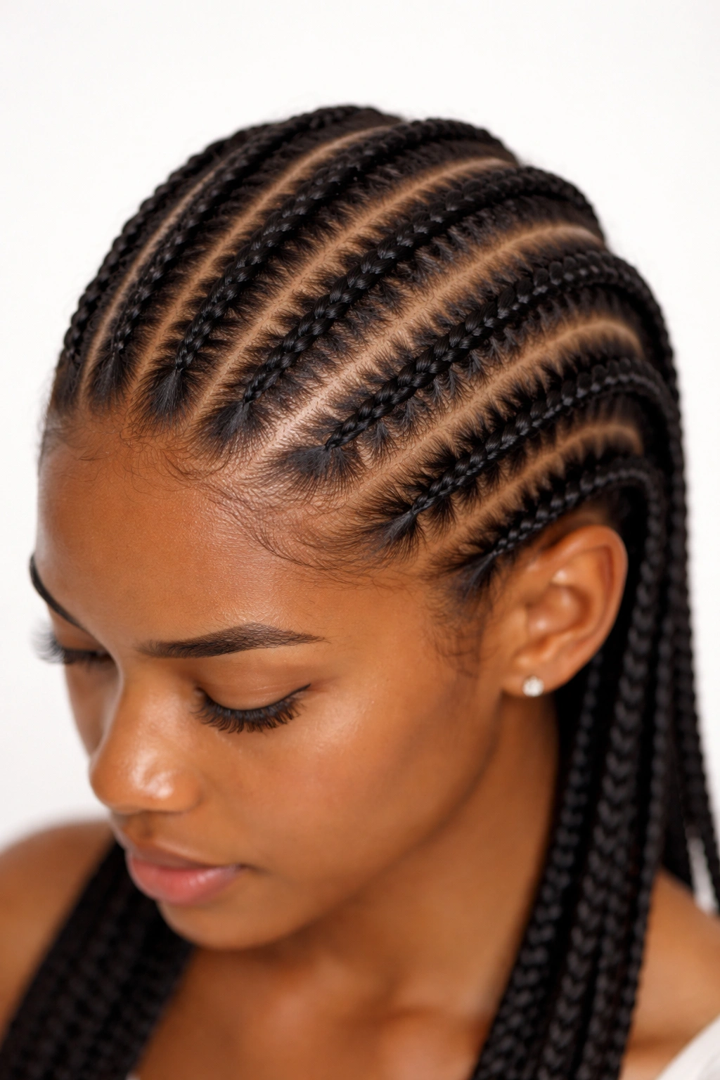 Headshot showing cornrows with deliberate gaps revealing scalp