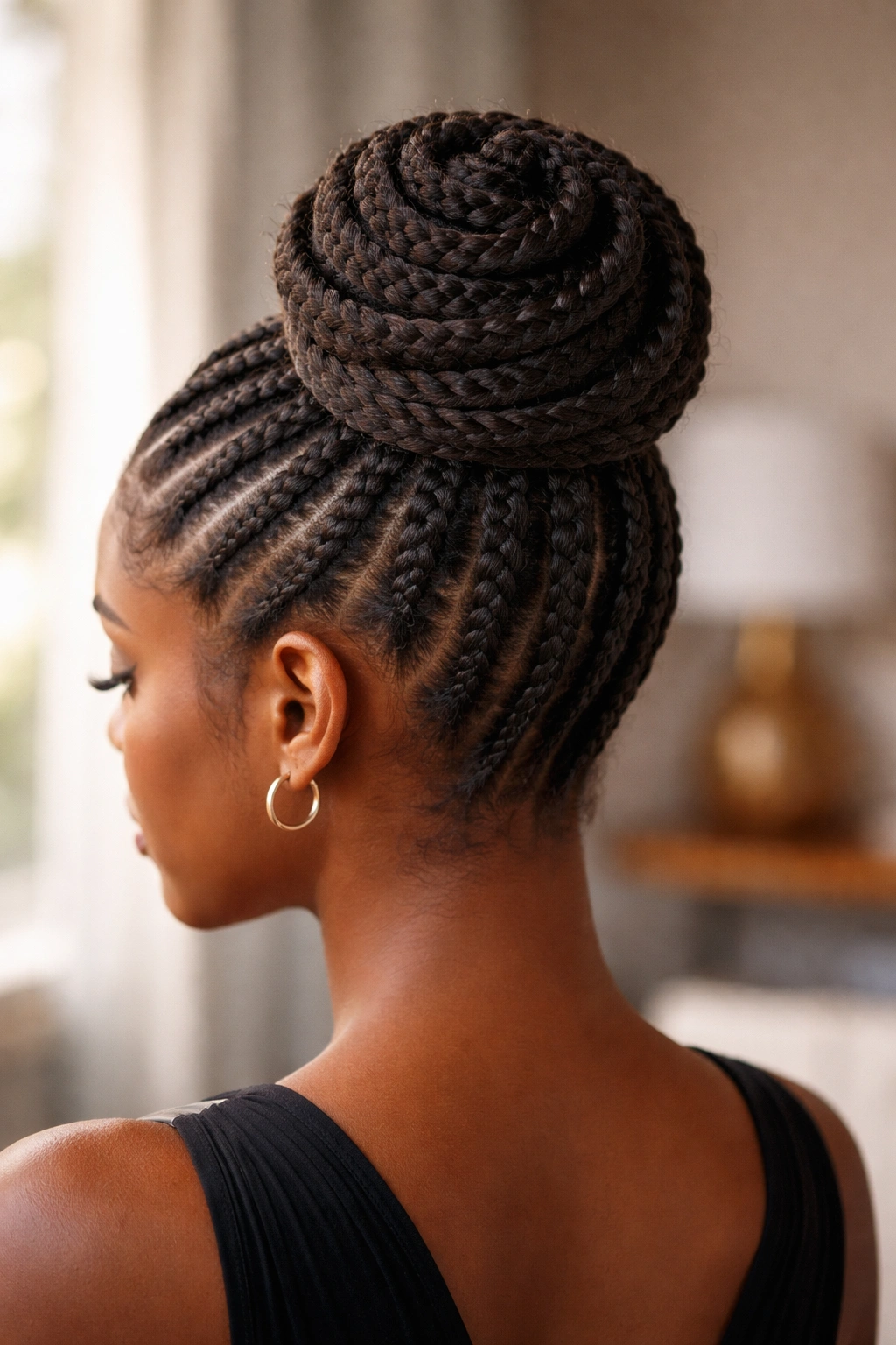Close-up of a spiral bun with a wrapped base created from cornrows.