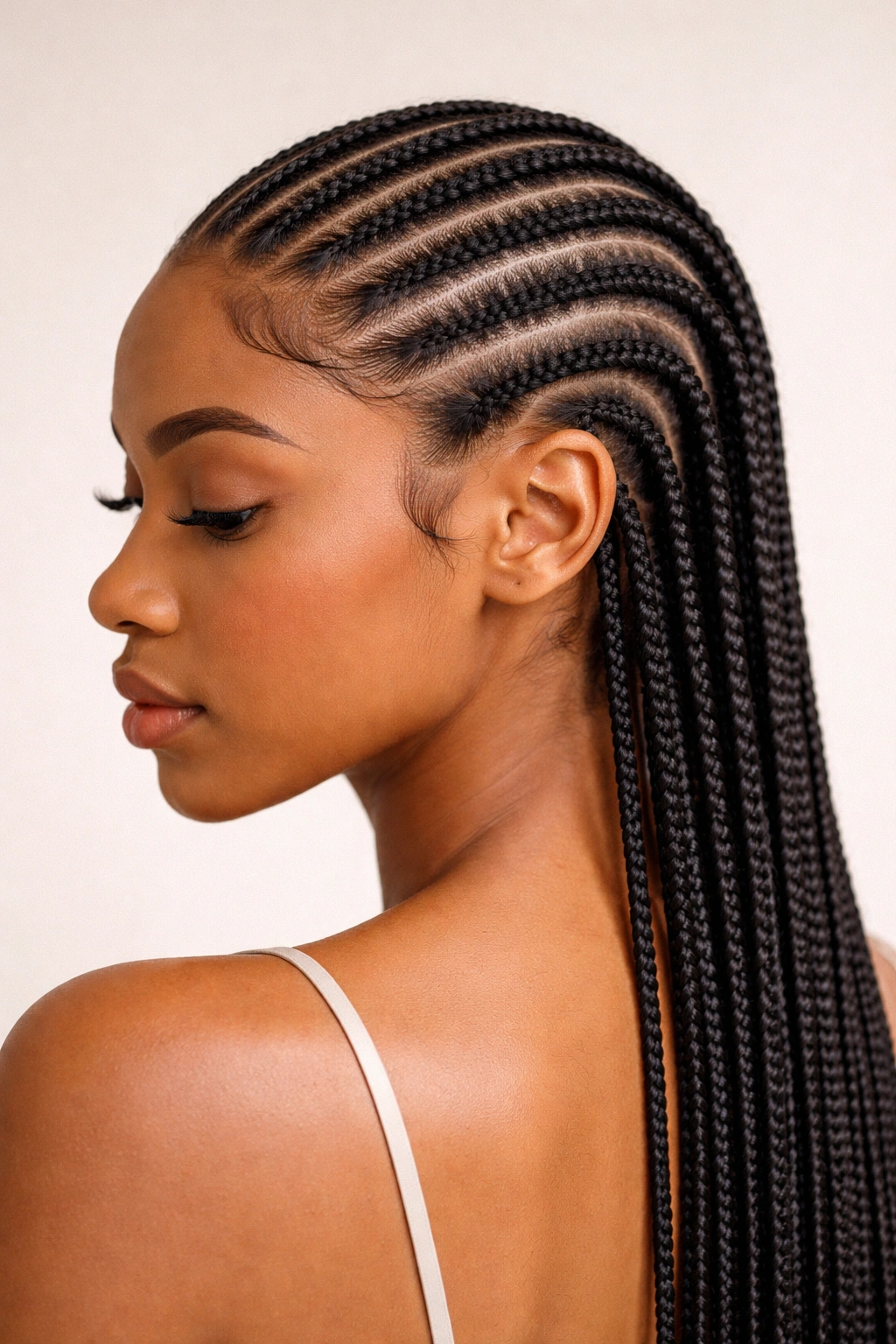 Close-up of sleek straight-back cornrows with thin box braids and clean edges in studio lighting