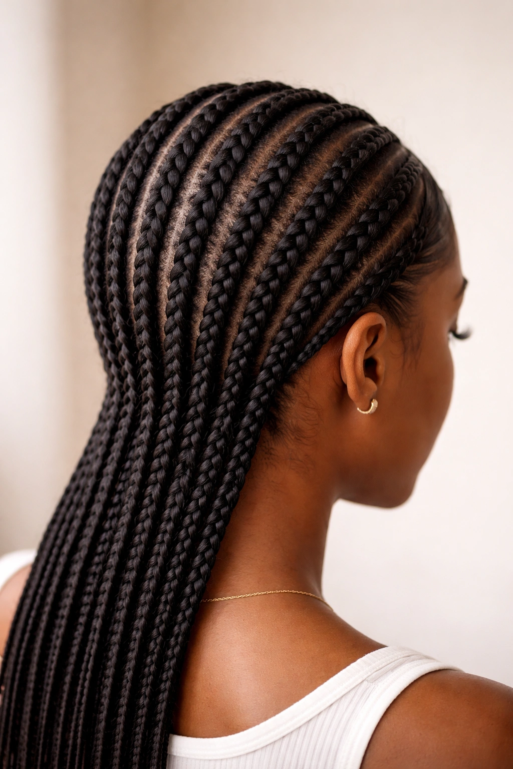 Close-up of Classic Tight Straight Back Cornrows with evenly spaced parallel braids from hairline to nape