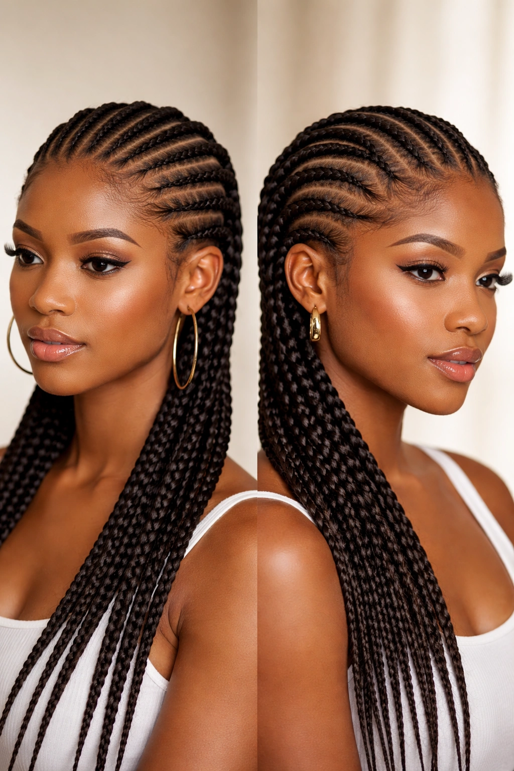 Cornrows straight and curved along the scalp with neat parts