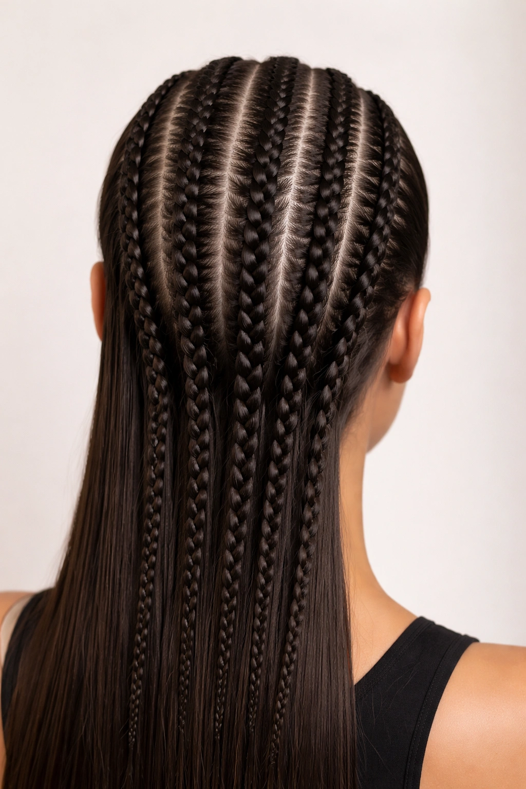 Close-up of straight hair with parallel cornrows from hairline to nape