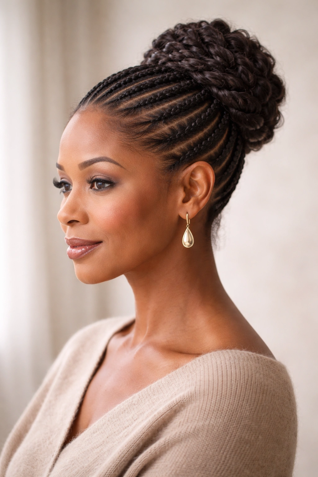 Cornrow braid updo with textured knot bun