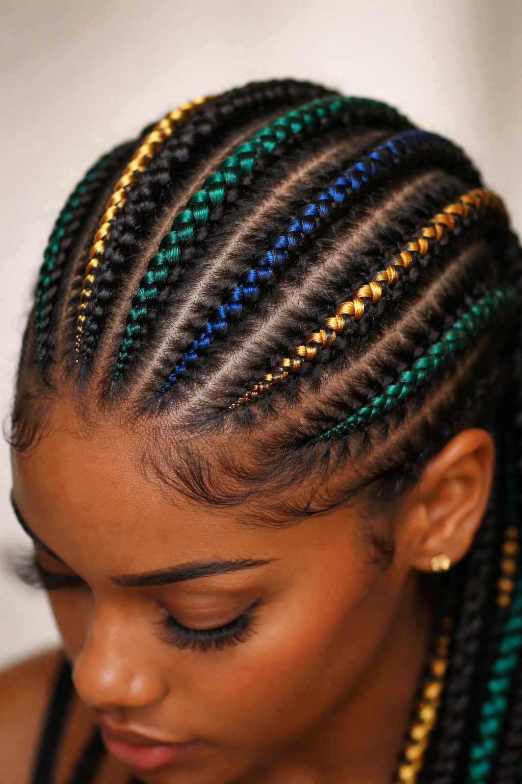 Close-up of cornrows with colorful thread accents wrapped around each braid on a model's scalp