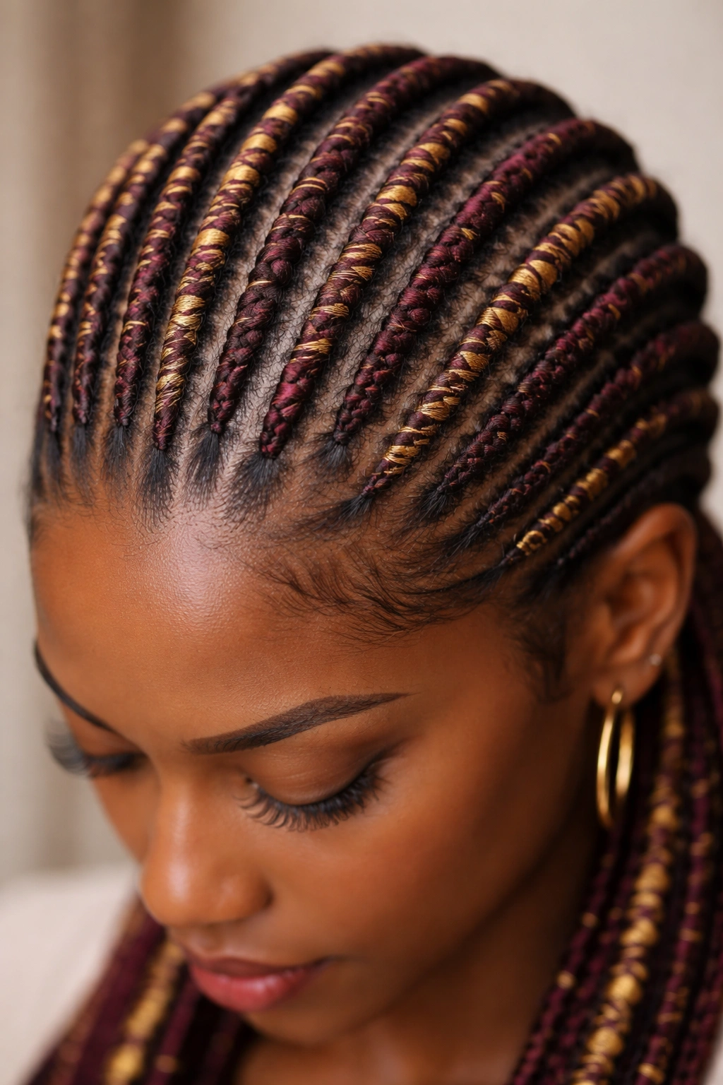 Cornrows wrapped with colored thread showing metallic sheen