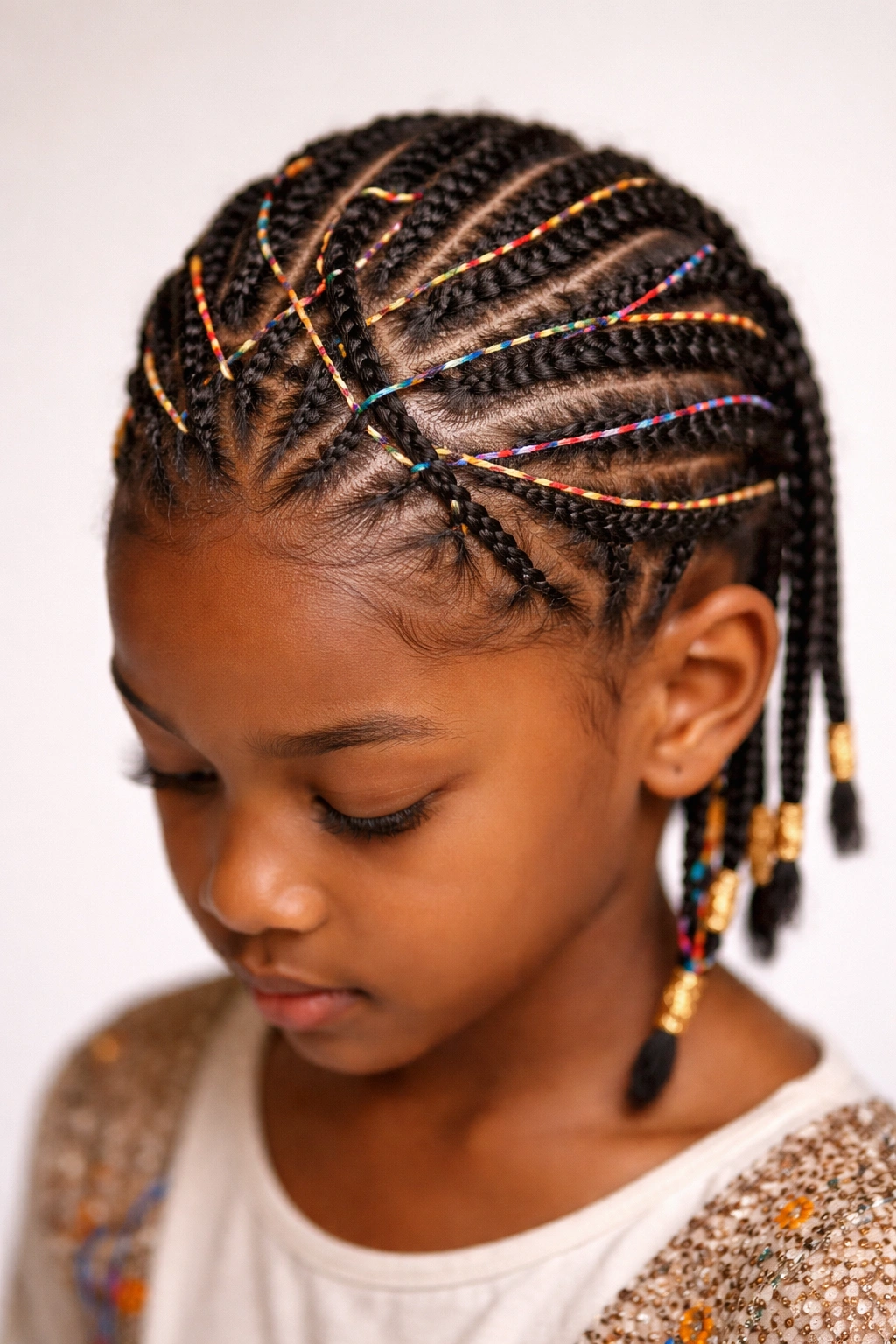 Close-up of cornrows with threading on short hair