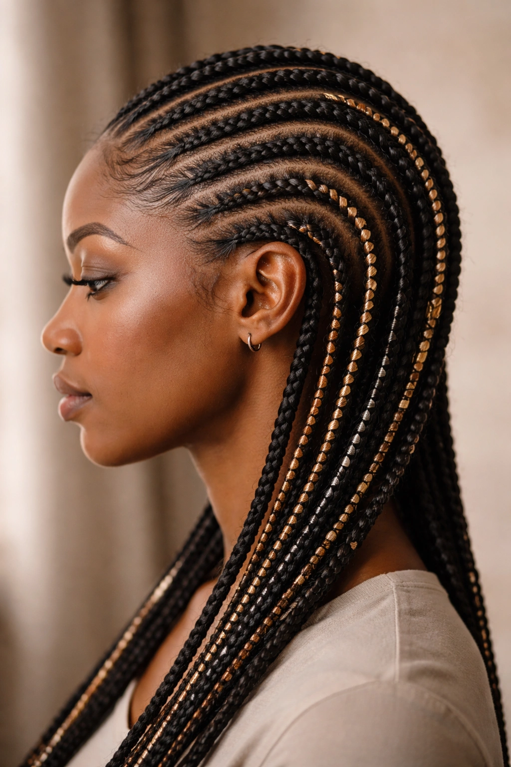 Profile view of cornrows with threading around each braid.