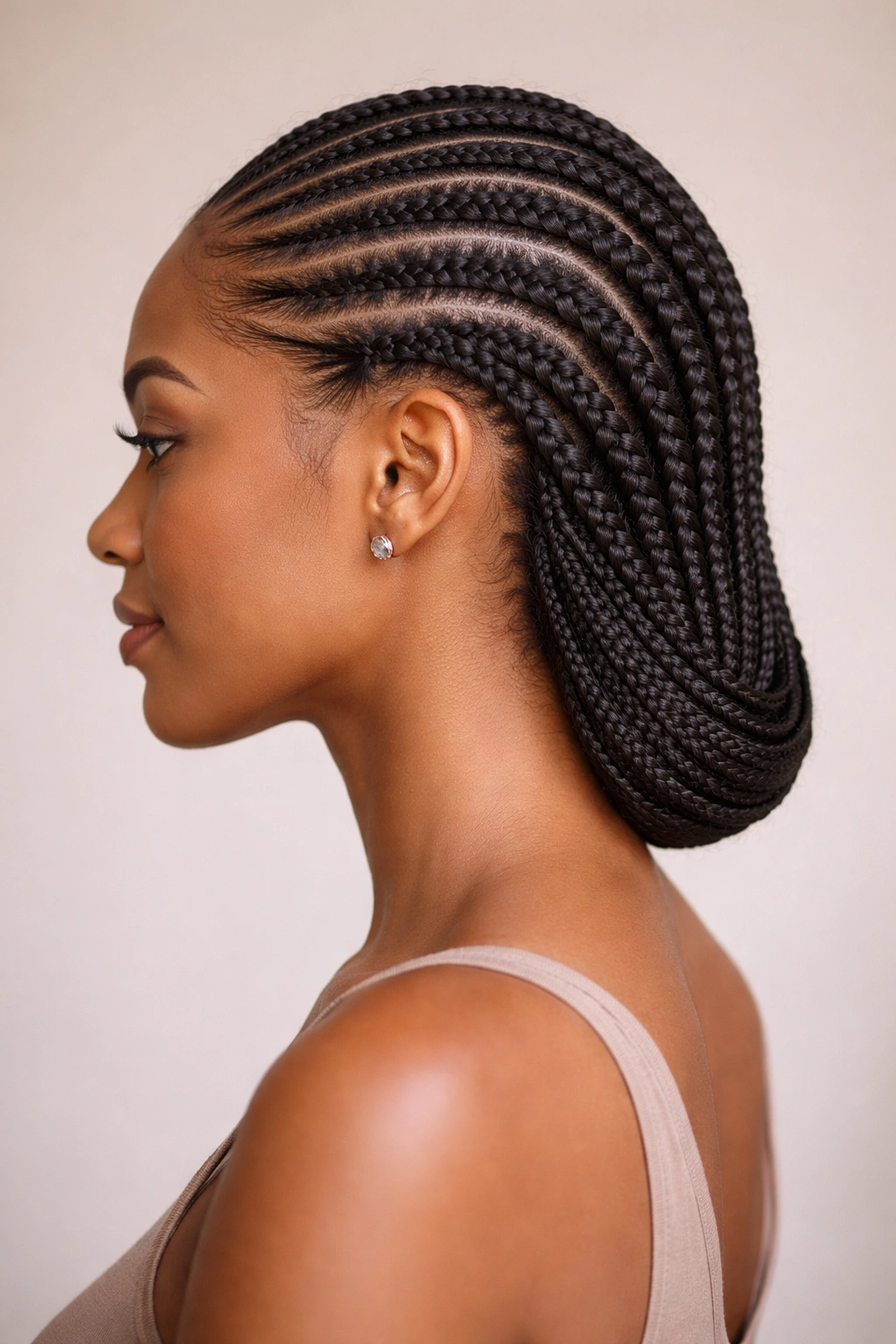 Cornrows tucked underneath creating a seamless protective look