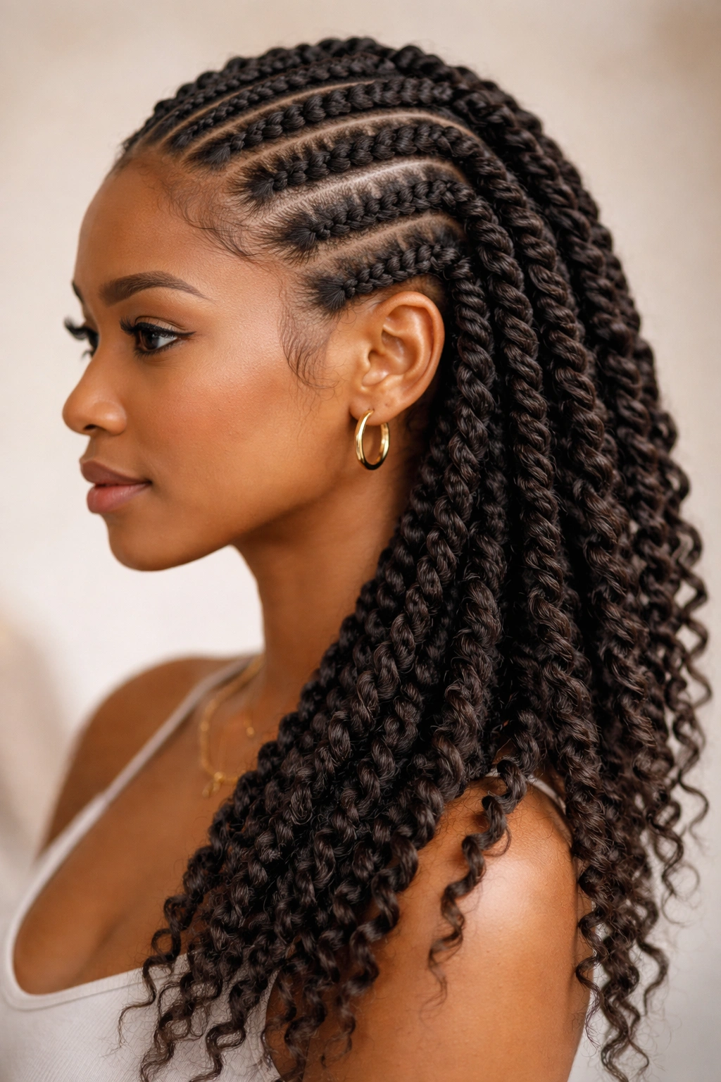Close-up of a hairstyle with short cornrows at the crown fading into twist-out texture on the back