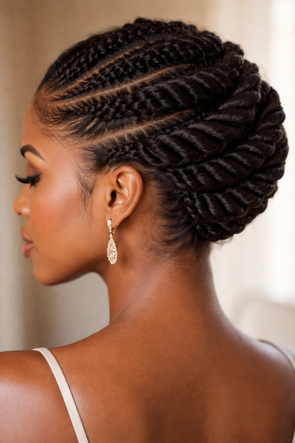 Twisted crown updo with braided twists around the head.