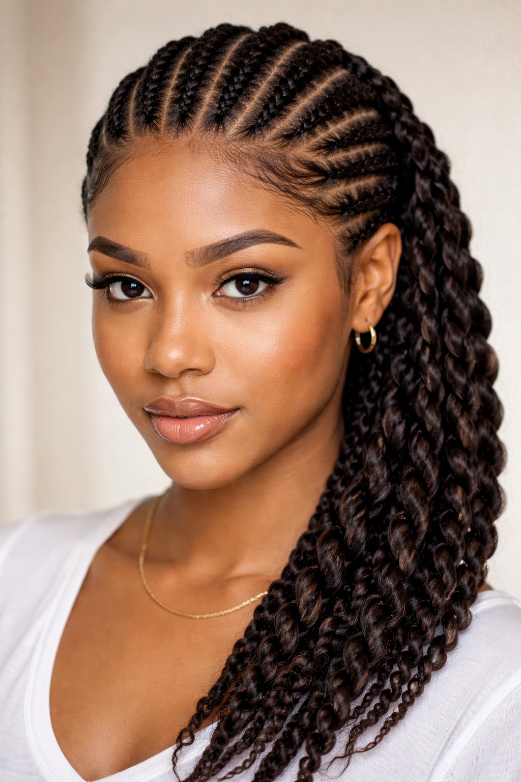Cornrows with twisted side section showing contrast between braids and twists