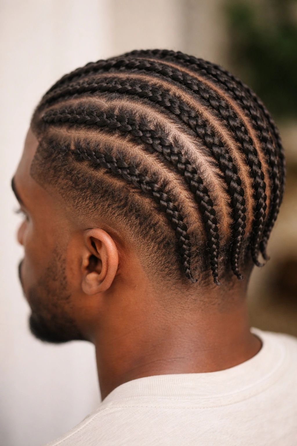 Close-up of short hair with ropelike two-strand twist cornrows along the scalp