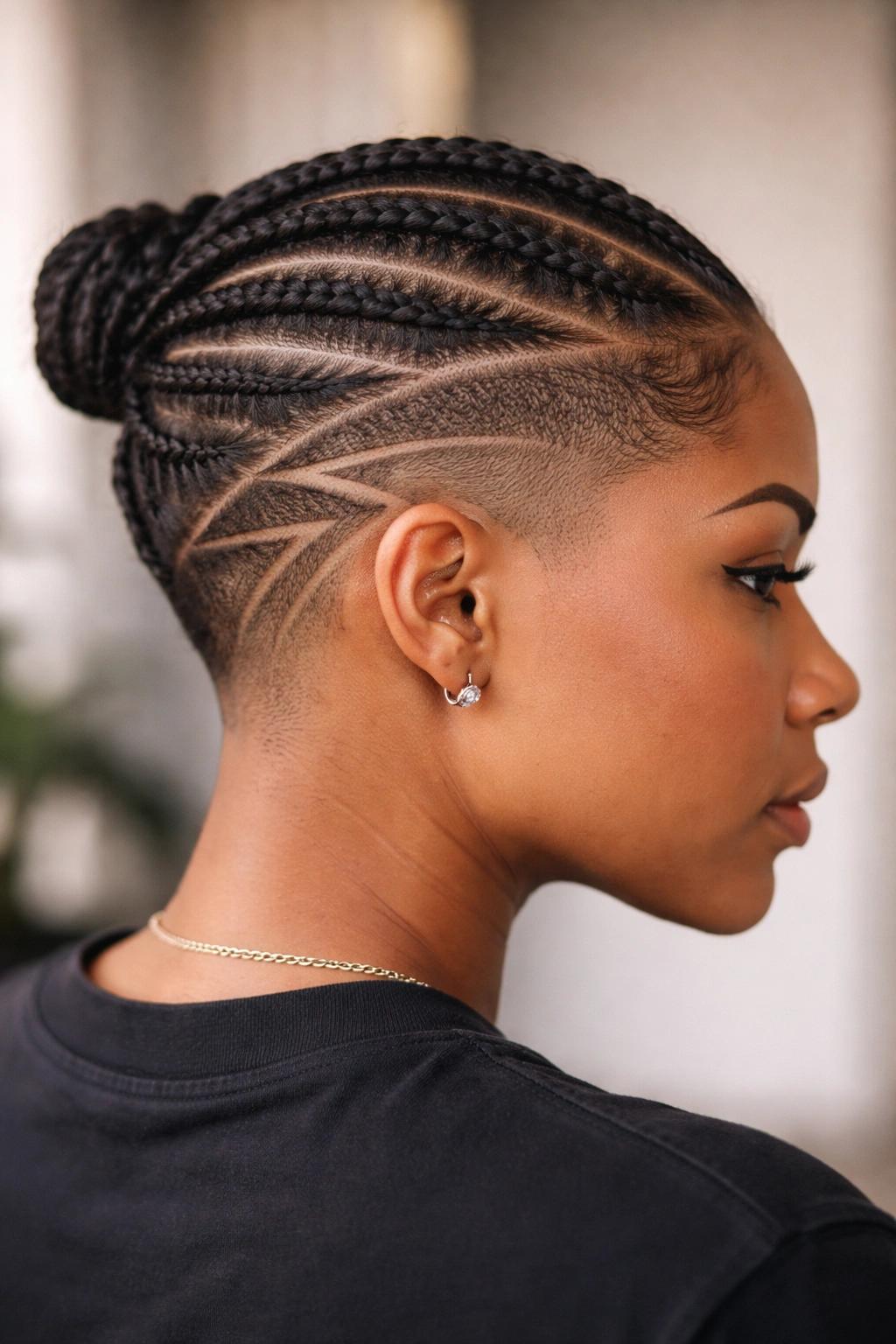 Side view of cornrows framing a shaved undercut design