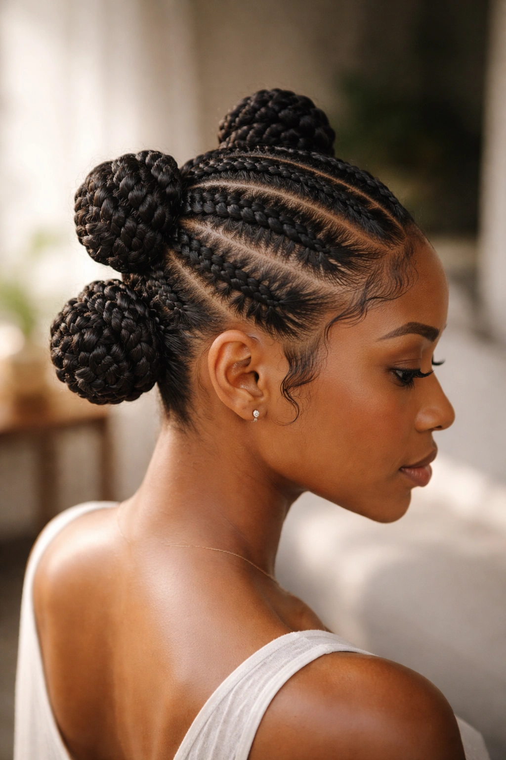 Multiple small buns distributed across the crown of the head