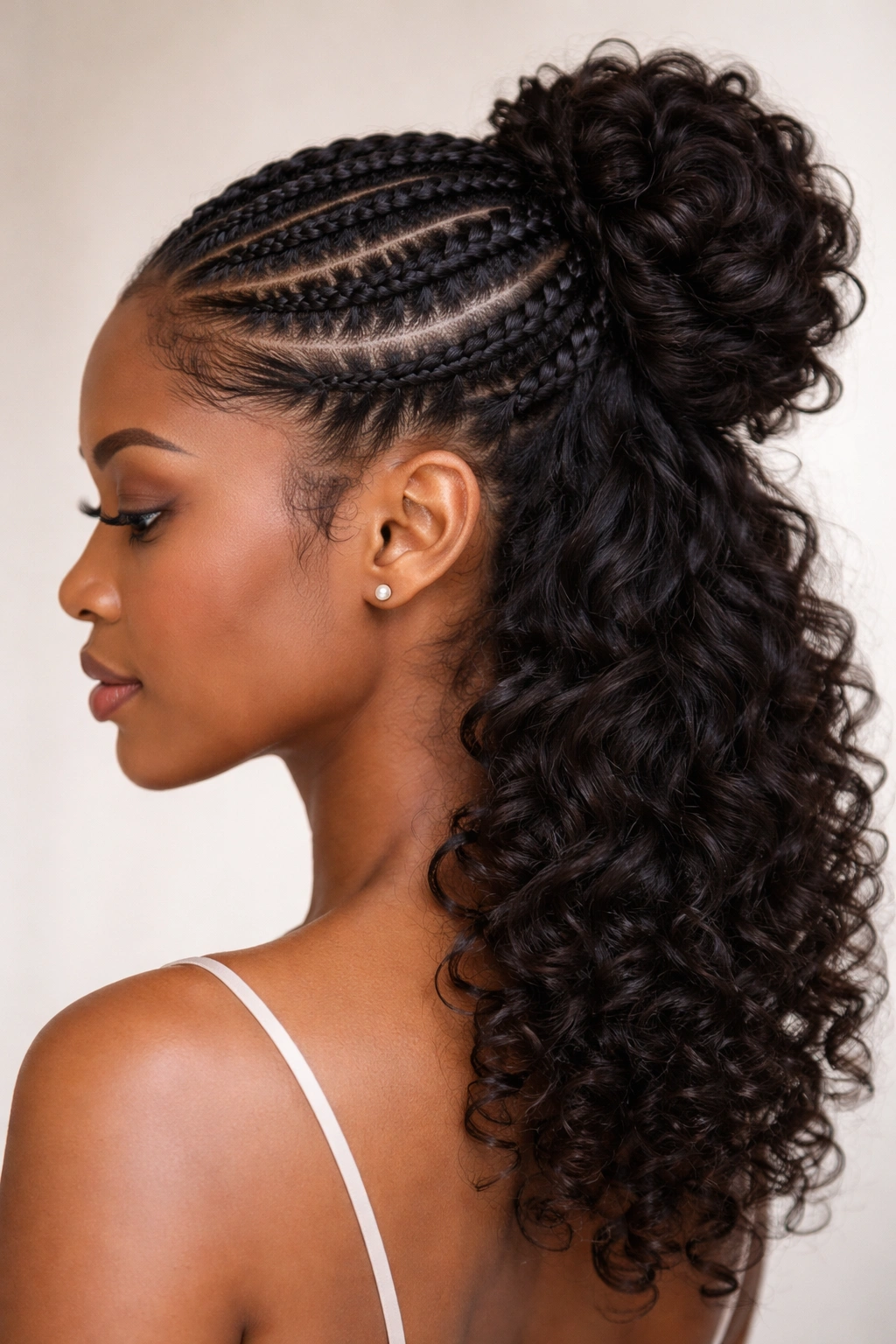 Profile view of crown cornrow bun with loose curls, crown braids and back curls