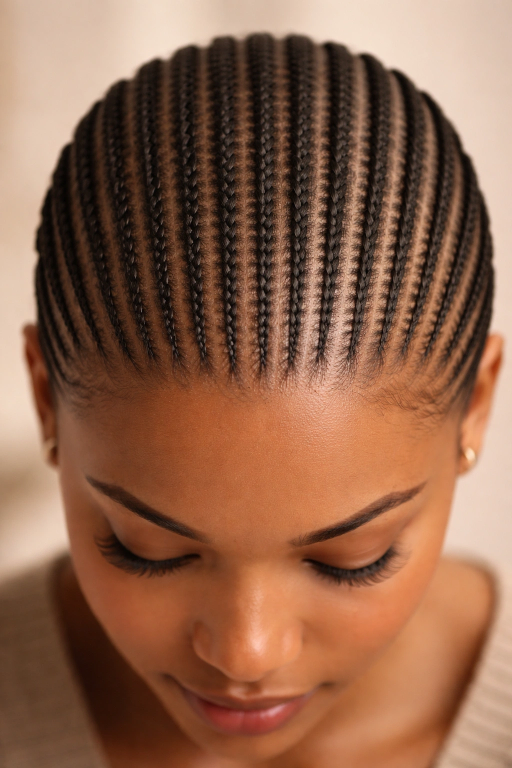Close-up of thin vertical cornrows running from hairline to crown on the scalp
