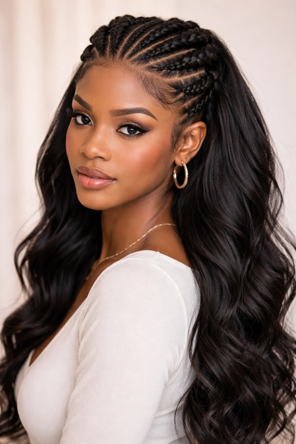 Close-up of classic crown cornrows with loose waves framing the face