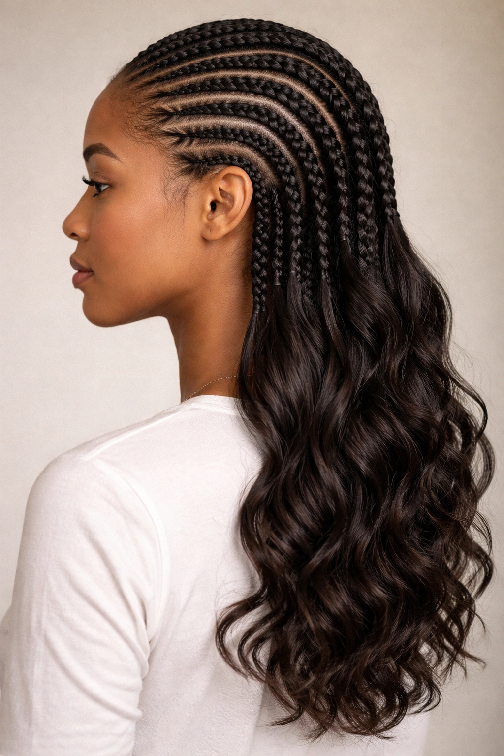Profile view of cornrows ending in loose waves over the shoulders