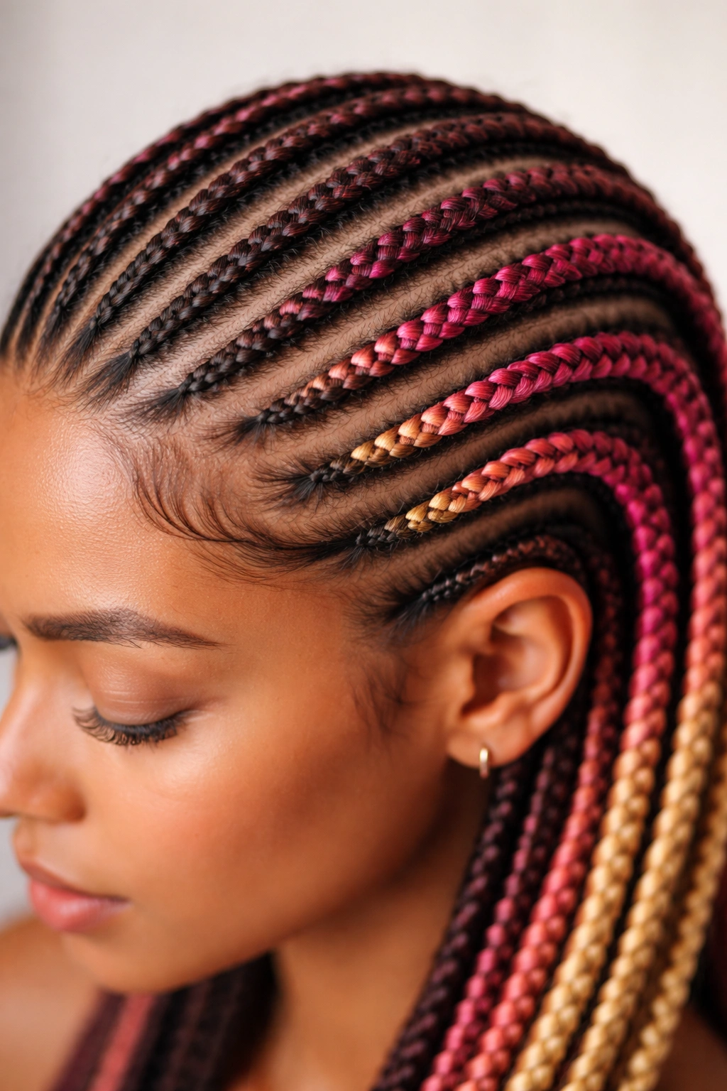 Close-up of cornrows showing woven-in color strands integrated into braids.