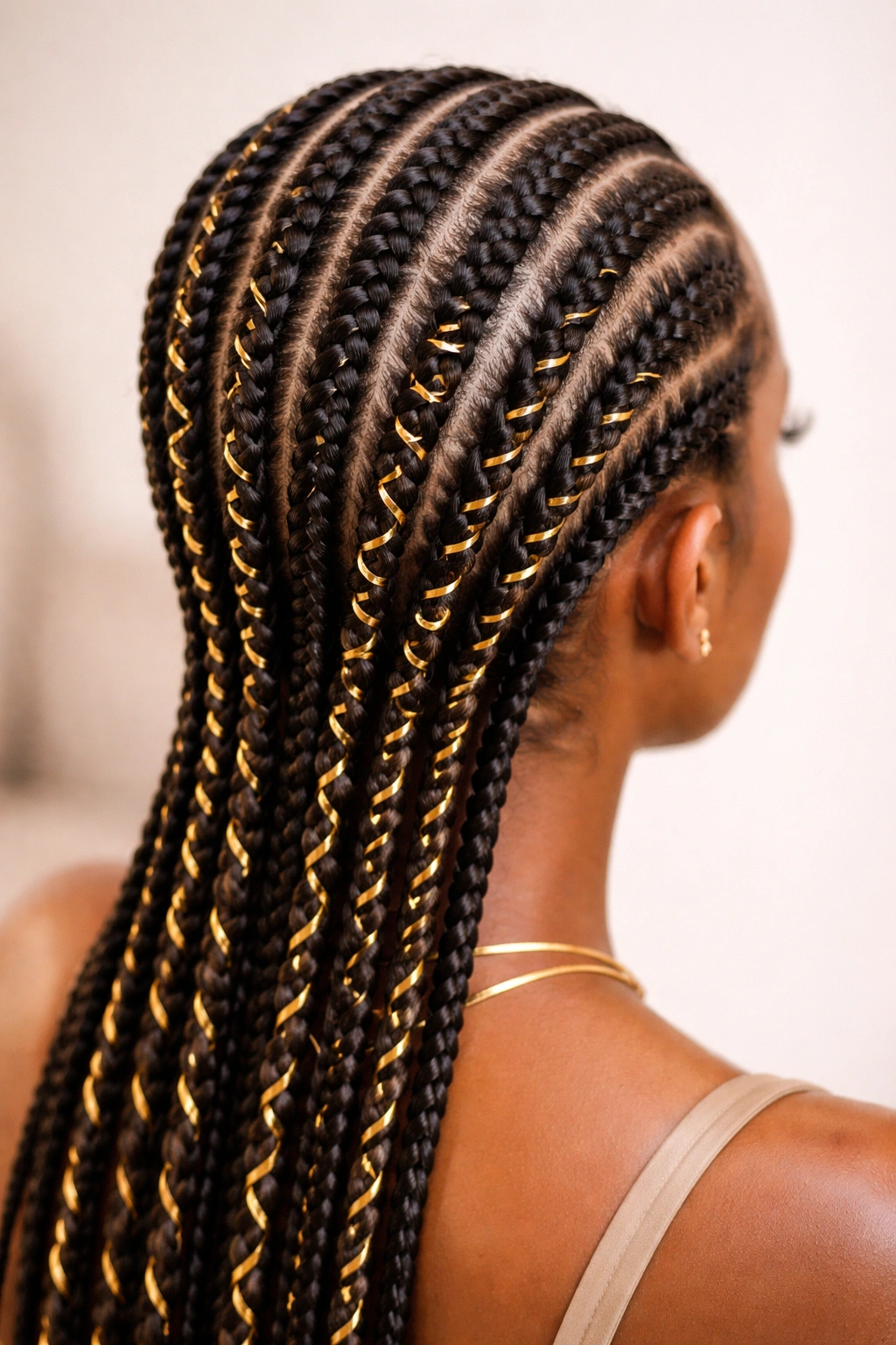 Close-up of straight-back cornrows wrapped with silk ribbon for a polished protective style